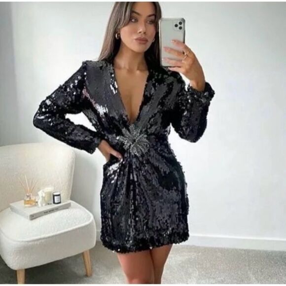 Zara Sequin Long Sleeve Mini Dress Black & Silver Bloggers Favorite Size M NWT - Picture 1 of 9